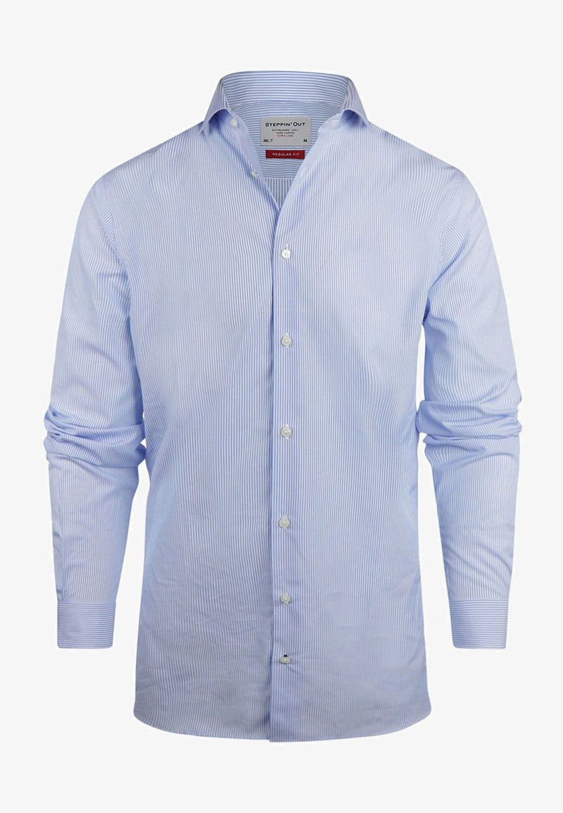 Blauw-witte gestreepte lange mouwen shirt met een button-down kraag, met een reguliere pasvorm en witte plastic knopen aan de voorkant.
