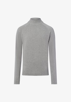 Maglione grigio a maniche lunghe con colletto alto, realizzato in un tessuto a maglia testurizzato, con una vestibilità aderente e senza chiusure o motivi visibili.