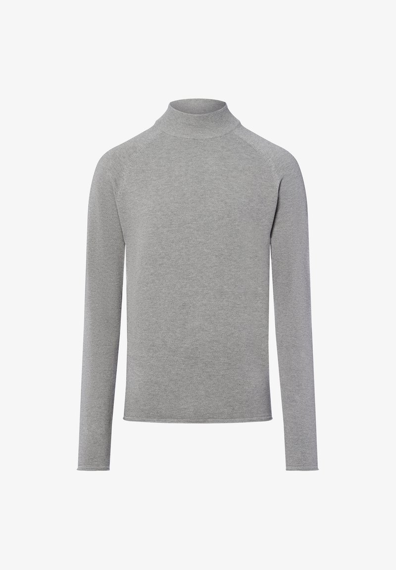 Maglione grigio a maniche lunghe con colletto alto, realizzato in un tessuto a maglia testurizzato, con una vestibilità aderente e senza chiusure o motivi visibili.