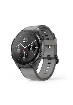 Schwarze runde Smartwatch mit grauem Armband, die Datum, Temperatur, Schrittzahl, verbrannte Kalorien und Herzfrequenz auf dem Display anzeigt.