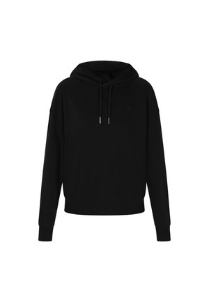 Čierna mikina s kapucňou vyrobená z jemnej látky, s nastaviteľnou šnúrkou na kapucni, širokými rukávmi a rebrovaným lemom. Minimalistický dizajn s malým logom ako akcentom.