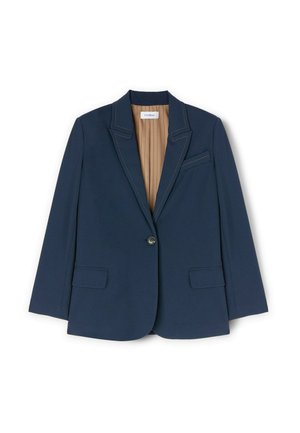 Marineblazer van gladde stof, met een notch-kraag, single button sluiting, twee voorkruiszakken en een geplooide beige voering.