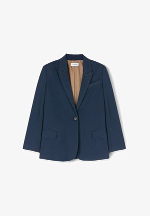 Marineblazer van gladde stof, met een notch-kraag, single button sluiting, twee voorkruiszakken en een geplooide beige voering.