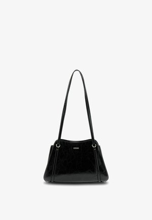 Sac à main Guess noir avec une finition brillante, deux fines bretelles et un petit logo centré près du haut.