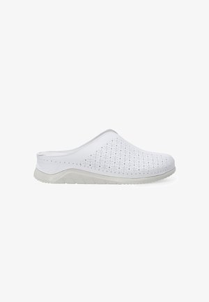 White perforated clogs with a textured surface and a soft, flexible gray sole. Slip-on design with no visible hardware or accents.