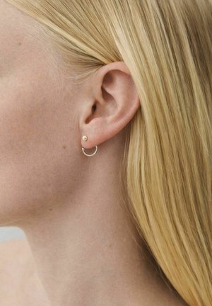 Widok z boku osoby o blond włosach, noszącej dwie małe kolczyki: złoty sztyft i srebrną obrączkę na lewym uchu.