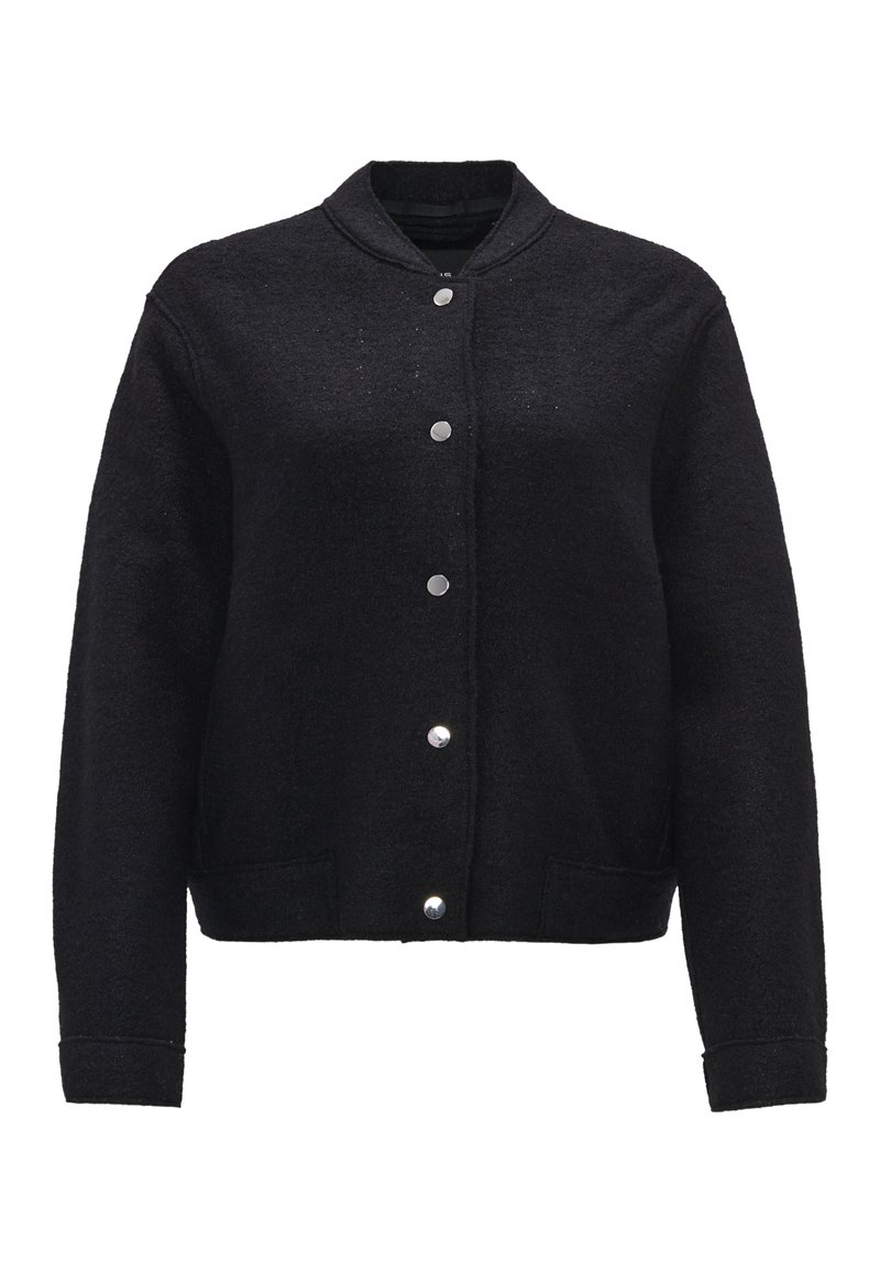 Schwarze Wollmischung Jacke mit Knopfleiste, gerippten Bündchen und Taschen. Verfügt über einen modernen Kragen und strukturierter Stoff.