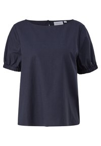 Haut bleu marine à manches courtes avec encolure ronde et manches ballons froncées. Confectionné en tissu léger, avec une petite fermeture par bouton au dos.