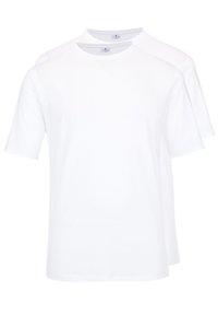 T-shirt bianche a maniche corte realizzate in morbido cotone, con colletto a girocollo e un design semplice e classico. Due magliette sono esposte.