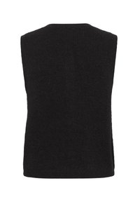 Top in maglia senza maniche di colore nero, con una texture a costine, scollo rotondo e orlo dritto, dotato di spacchi laterali per facilitare i movimenti.