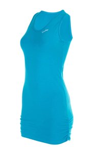 Ein figurbetontes, ärmelloses Kleid in leuchtendem Türkis, gefertigt aus glattem Stoff mit Rüschendetails an der Seite. Es hat einen abgerundeten Ausschnitt.