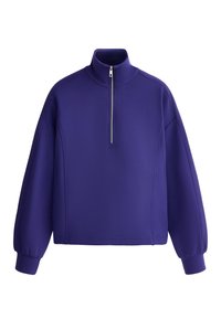 Lilla langærmet pullover med høj krave og halvlange lynlås foran, med ribstrikkede manchetter og en afslappet pasform.