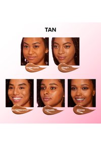 Five faces displaying various tan makeup shades: Warm Sand, Honey, Butterscotch, Caramel, Mocha. Diverse skin tones with varying textures.
