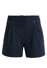 Námořnické modré šortky vyrobené z lnu, s plisovaným designem, dvěma tmavými knoflíky na pase a předními kapsami pro lepší detail.
