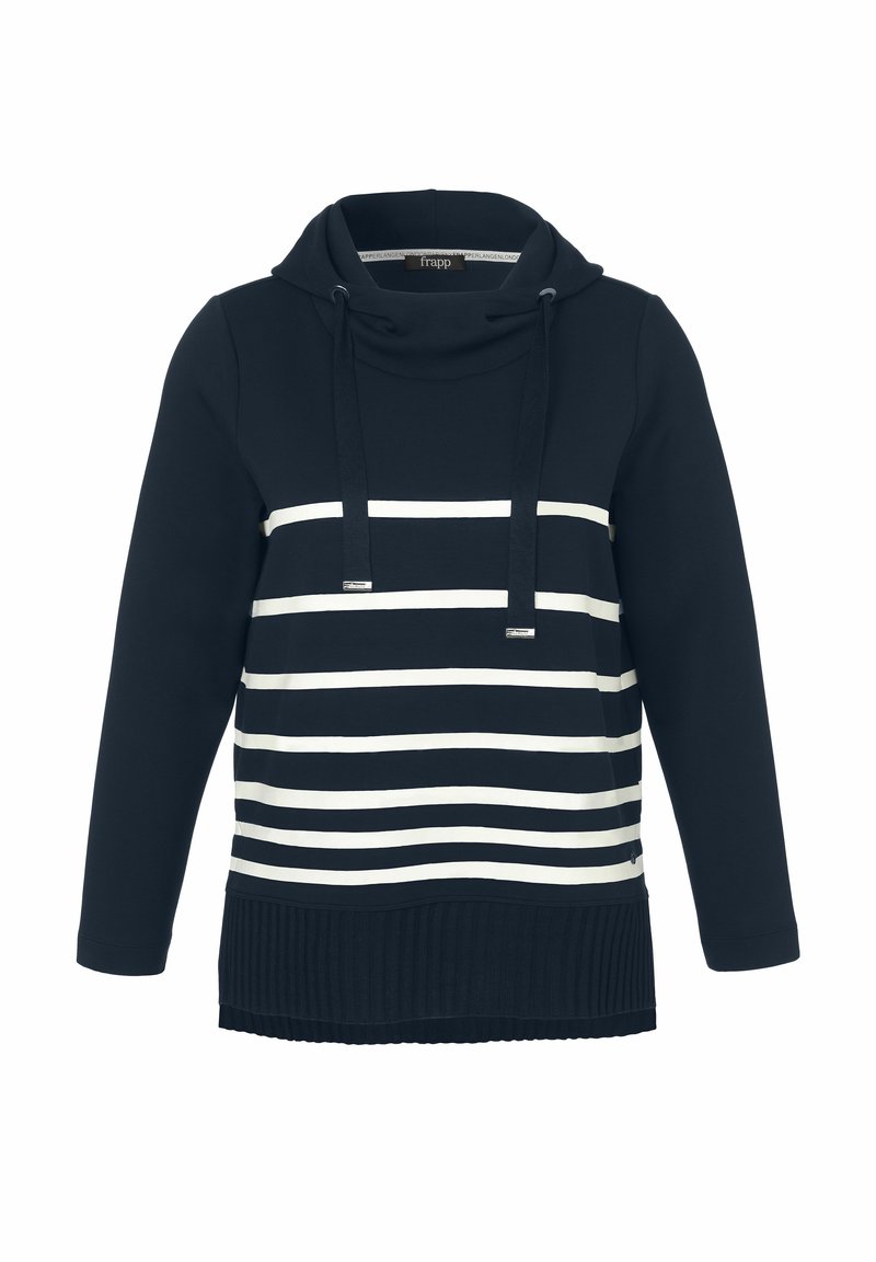 Marineblauwe hoodie met witte horizontale strepen over de borst, geribbelde zoom, lange mouwen en een trekkoord in de capuchon.