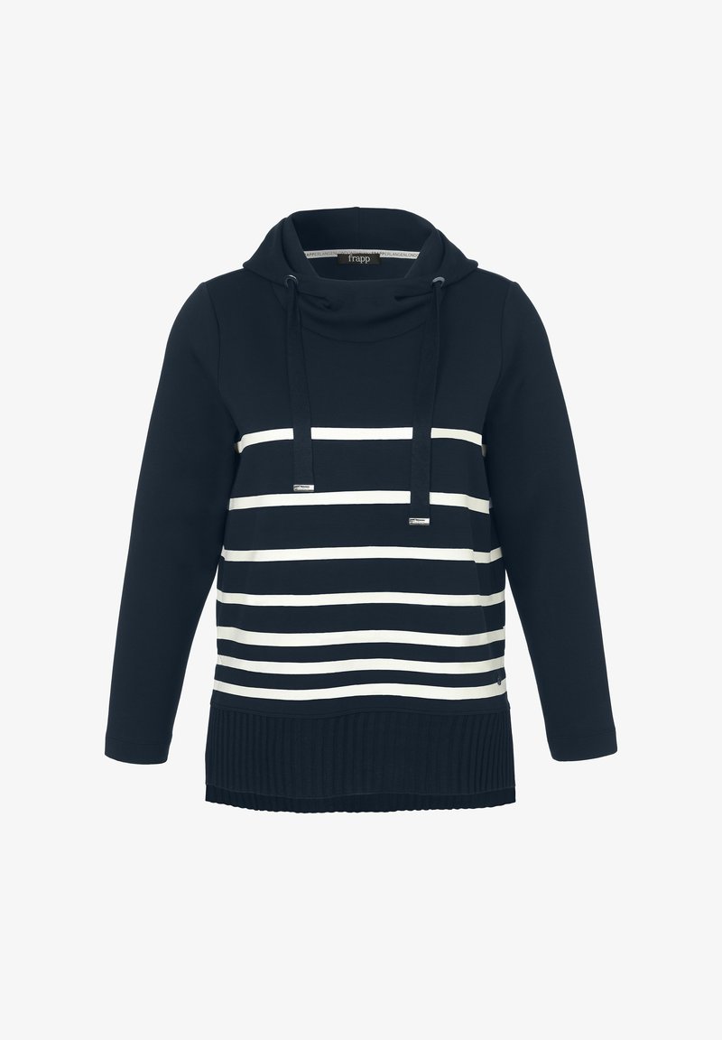 Marineblauwe hoodie met witte horizontale strepen over de borst, geribbelde zoom, lange mouwen en een trekkoord in de capuchon.