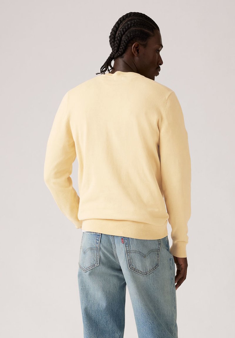 Mann mit geflochtenem Haar, von hinten gesehen, trägt ein blassgelbes Sweatshirt und hellblaue Jeans vor einem schlichten hellen Hintergrund.