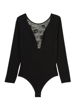 Bodysuit noir à manches longues avec un décolleté en V profond et une insert en dentelle au niveau de la poitrine. Dispose de fermetures à pression en bas pour un maintien sécurisé.