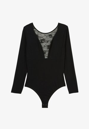 Bodysuit noir à manches longues avec un décolleté en V profond et une insert en dentelle au niveau de la poitrine. Dispose de fermetures à pression en bas pour un maintien sécurisé.