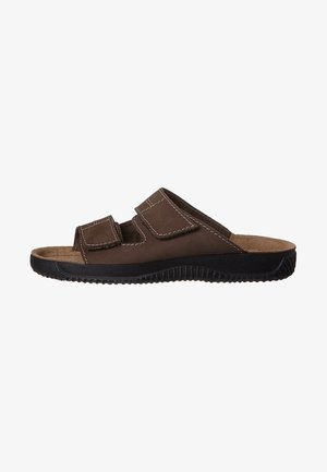 Sandal aperto marrone con due cinturini regolabili in Velcro e suola nera texture, mostrato di lato su uno sfondo bianco.