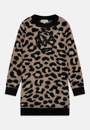Long-sleeve leopard print sweater dress in beige and black with a round neckline and a black embroidered "MK" logo on the chest.
