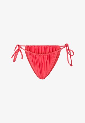 Punased kogutud bikiinialused reguleeritavate küljevöödega, mis on mõeldud ujumisriietuseks.