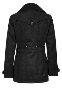 Schwarzer Wollmantel mit strukturiertem Kragen, Knopfdetails und Taillengürtel. Verfügt über Taillenabnäher und lange Ärmel mit geknöpften Manschetten.