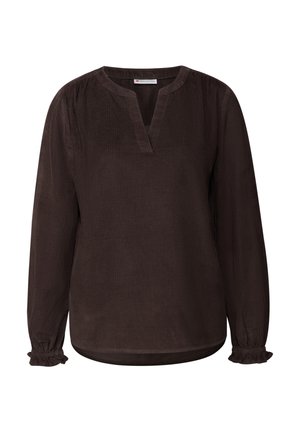 Blouse marron à manches longues avec un col en V, détails froncés aux épaules et poignets élastiques, fabriquée à partir d'un tissu texturé.