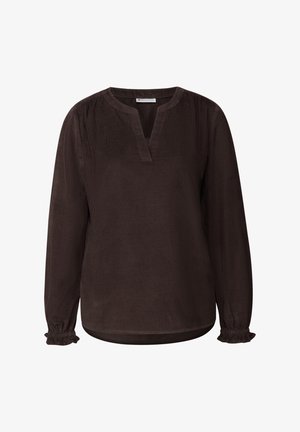 Brązowa bluzka z długimi rękawami i dekoltem w kształcie litery V, z marszczeniami przy ramionach oraz elastycznymi mankietami, wykonana z teksturowanej tkaniny.