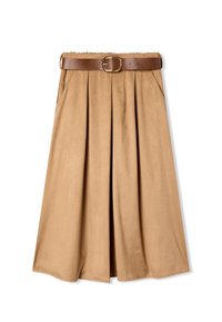 Gonna plissettata color khaki con una cintura e fibbia in pelle marrone. Presenta tasche laterali e una consistenza morbida. Vita elasticizzata per il massimo comfort.