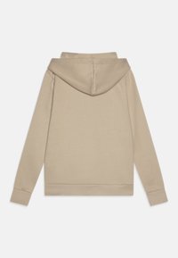 Felpa con cappuccio beige, maniche lunghe, texture morbida, polsini e orlo a coste, e design con tasca a marsupio.