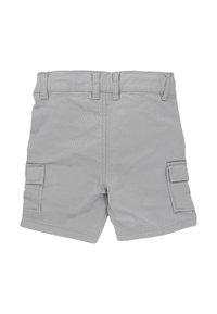 Grau Baumwoll-Cargoshorts mit flachem Bund, Gürtelschlaufen, Seitentaschen und glatter Textur. Keine sichtbaren Muster oder Verzierungen.