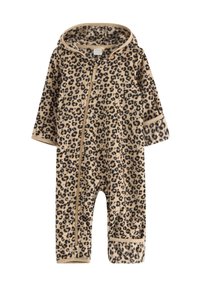Einen Leopardenmuster-Overall aus weichem Stoff mit Kapuze, langen Ärmeln und einem Reißverschluss vorne. Braune und schwarze Farben mit beigen Akzenten.