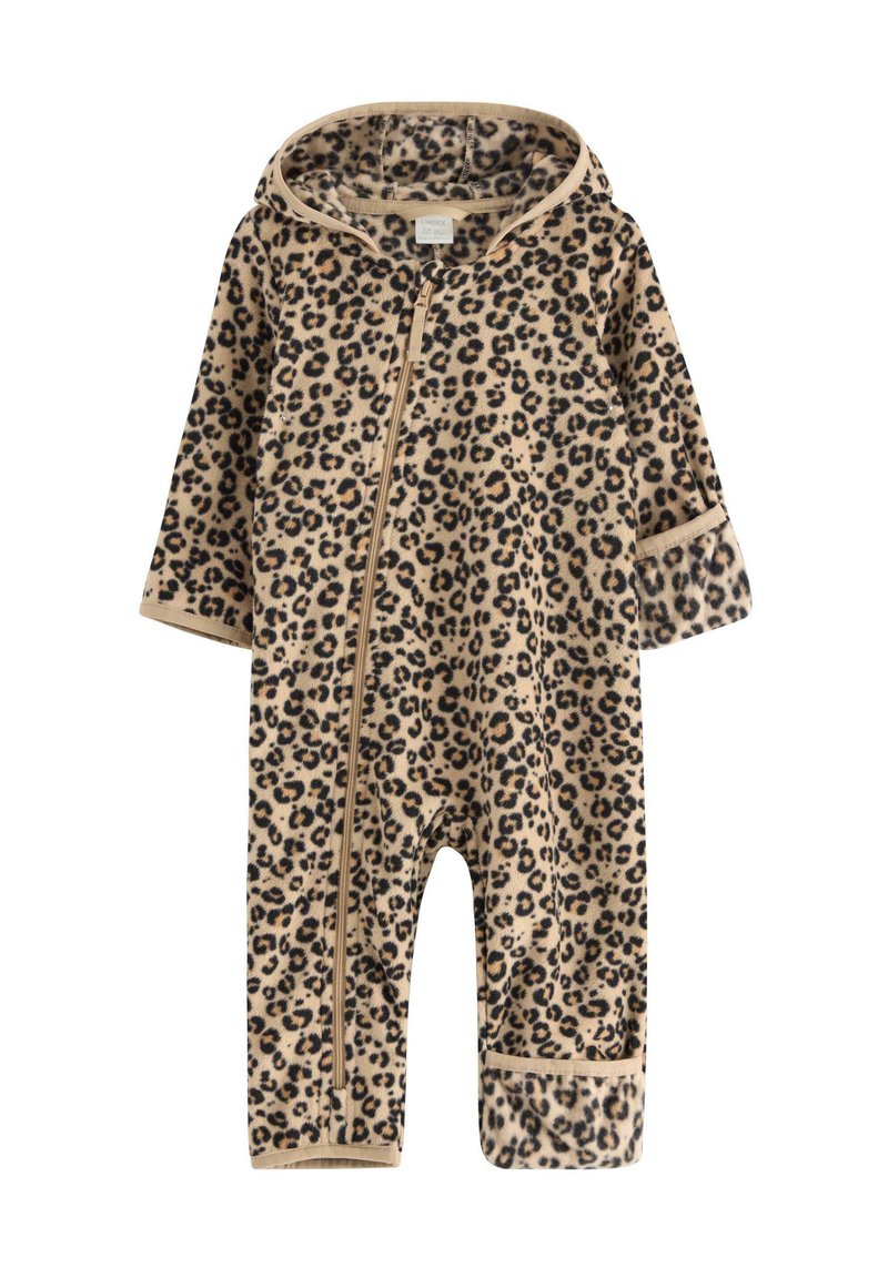 Einen Leopardenmuster-Overall aus weichem Stoff mit Kapuze, langen Ärmeln und einem Reißverschluss vorne. Braune und schwarze Farben mit beigen Akzenten.