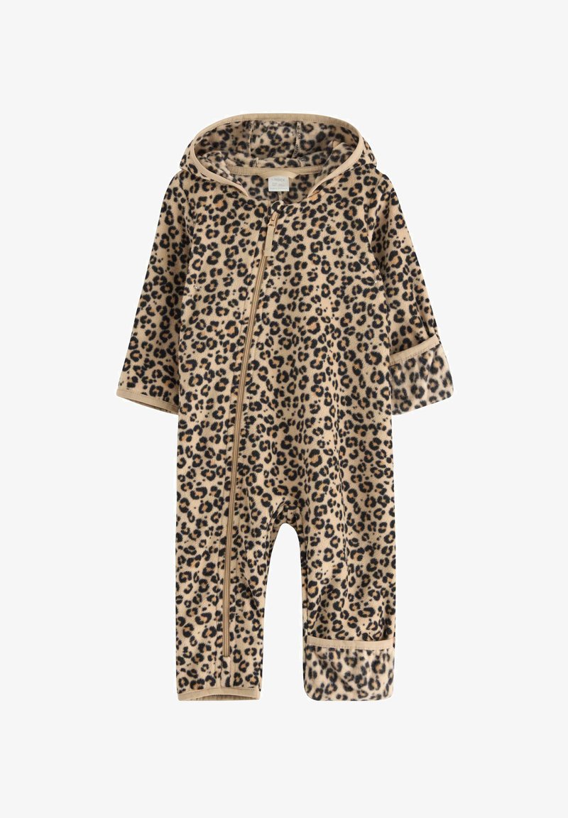 Einen Leopardenmuster-Overall aus weichem Stoff mit Kapuze, langen Ärmeln und einem Reißverschluss vorne. Braune und schwarze Farben mit beigen Akzenten.