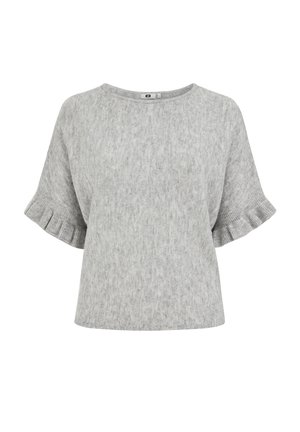 Hellgrauer, kurzärmeliger Pullover aus weichem Stoff mit leichter Textur. Verfügt über einen Rundhalsausschnitt und gerüschte Bündchen.