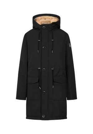 Sort parka-jakke med hætte, der har en hyggelig beige foring, to forkert lommer, snoretræk og bronze detaljer på knapper og toggles.