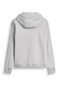 Sudadera gris claro, de tela suave, cuenta con capucha, puños acanalados y dobladillo. Diseño sencillo sin patrones ni hardware visible.