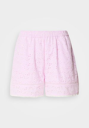 Rosa bomullsshorts med broderi av blomstermotiver, elastisk linning og blonder på kanten. Lett og pustende stoff.
