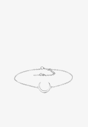 Sølvarmbånd med vedhæng i form af en halvmåne, forbundet med en fin kæde med justerbar lukning. Glat, poleret overflade med et minimalistisk design.