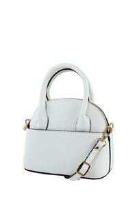 White leather handbag with dual handles, removable shoulder strap, zip closure, and contrasting black trim. Smooth texture and compact shape.
