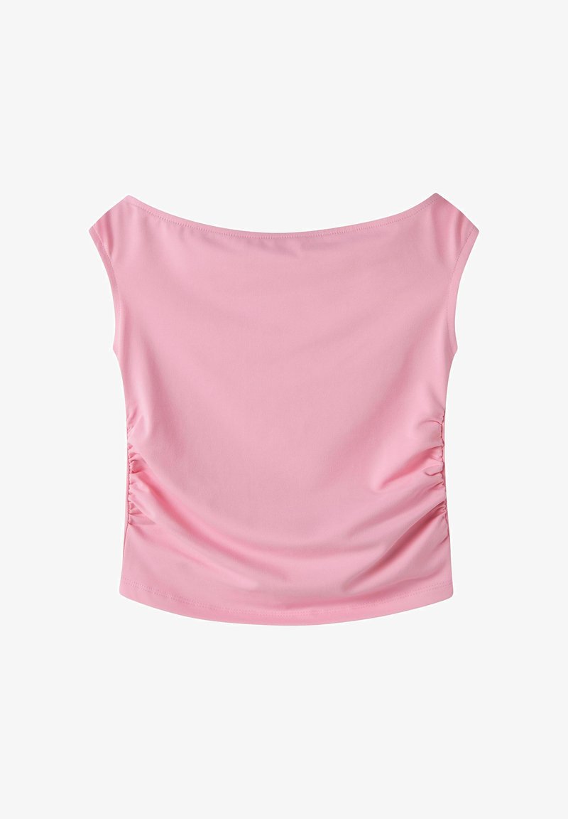 Ροζ τοπ χωρίς μανίκια και έξω από τον ώμο με ραμμένες πλευρές και ίσια γραμμή στο τελείωμα, απεικονισμένο επίπεδα σε λευκό φόντο.