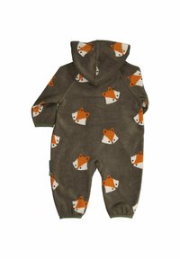 Fleeceoverall i mörkgrön med ett mönster av orange och vit räv, har en huva och elastiska muddar. Mjuk textur, hel längd design.