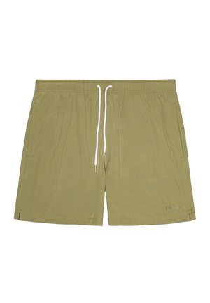 Shorts de bain vert olive, en matière légère, taille élastique avec cordon blanc, poches latérales, et petit logo brodé.