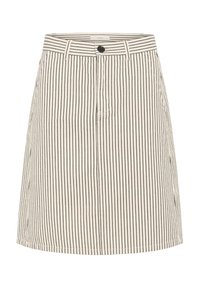 Jupe rayée en crème et noir, fabriquée en tissu de coton. Dotée d'une fermeture à boutons, de passants de ceinture et de poches latérales avec une forme évasée.