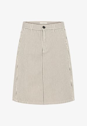 Falda a rayas en crema y negro, hecha de tela de algodón. Presenta un cierre de botones, trabillas para cinturón y bolsillos laterales con una forma acampanada.