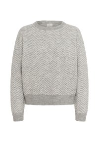 Grå striktrøje med zigzag mønster, ribbened kanter ved ærmer og bund, samt rund halsudskæring.