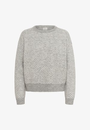 Hallide kootud hall kampsun, millel on chevron-muster, soonikkoes varrukate ja äärekeste, ning ümmargune kaelus.