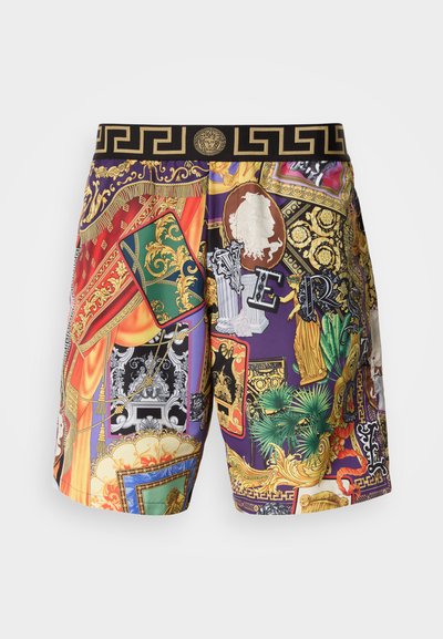 Πολύχρωμα μαγιό με έντονο σχέδιο με χρυσές λεπτομέρειες, περιγραφικές εικόνες και πλούσια χρώματα, κατασκευασμένα από ελαφρύ ύφασμα με ελαστική μέση.