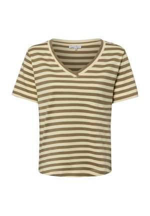 Beżowo-brązowa koszulka z krótkim rękawem, w poziome paski, z dekoltem w serek i małą metką materiałową wewnątrz kołnierza.